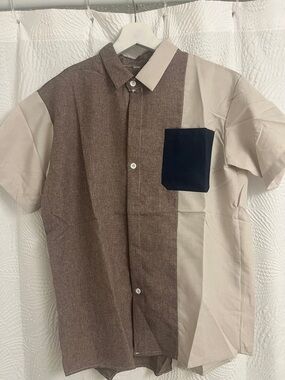 Men's Short-Sleeve Colorblock Button-Down Shirt in Brown, Cream & Navy Pocket